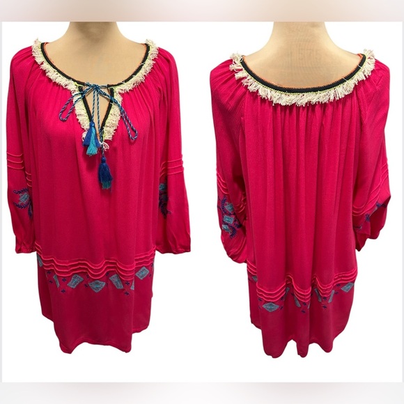 Hayden LA Women's Plus Mini Dress Tunic 1XL Fuchsia Embroidery Tassel Tie Fringe - Picture 1 of 12